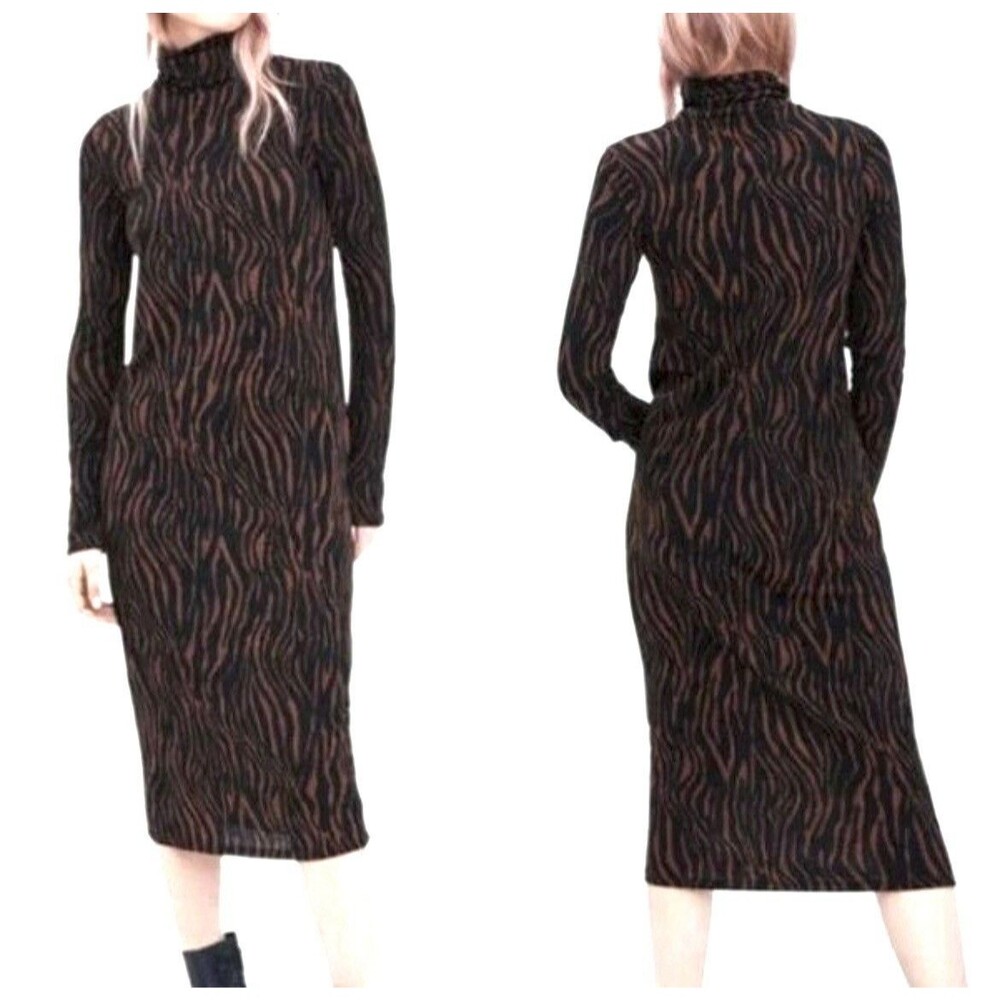 Zara Trafaluc Brown Black Zebra Animal Print Turtleneck Midi Dress Womens sz M